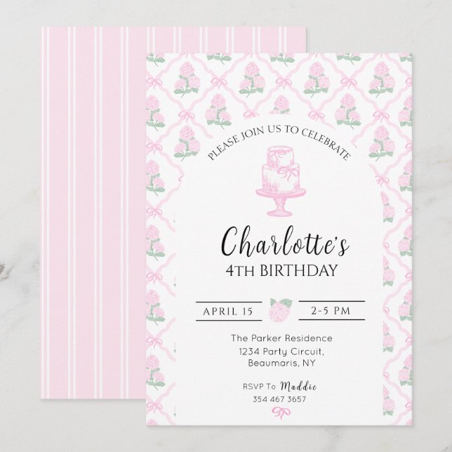 Invitación Enrejado de Hortensias Rosadas y Verdes con Lazos (Anverso / Reverso)