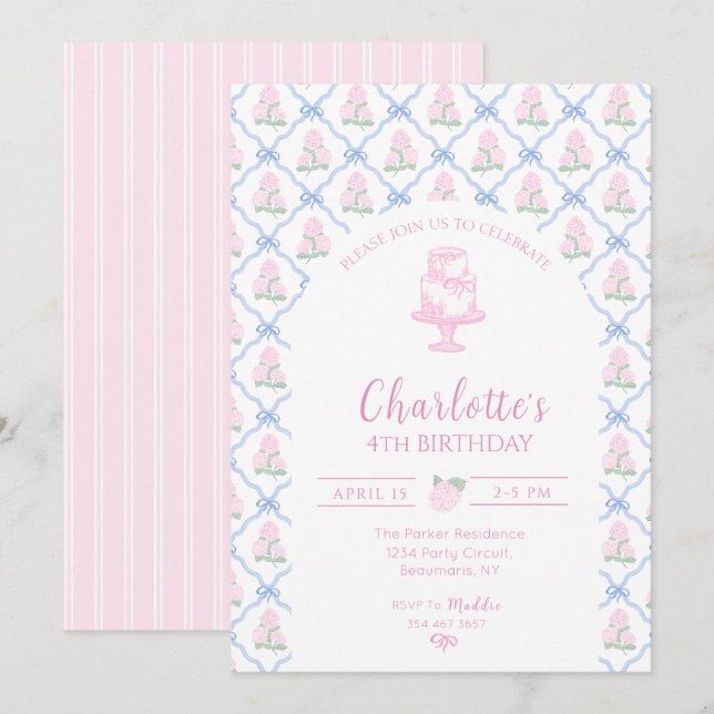 Invitación Enrejado de Hortensias Verdes Rosadas con Lazo Azu (Anverso / Reverso)