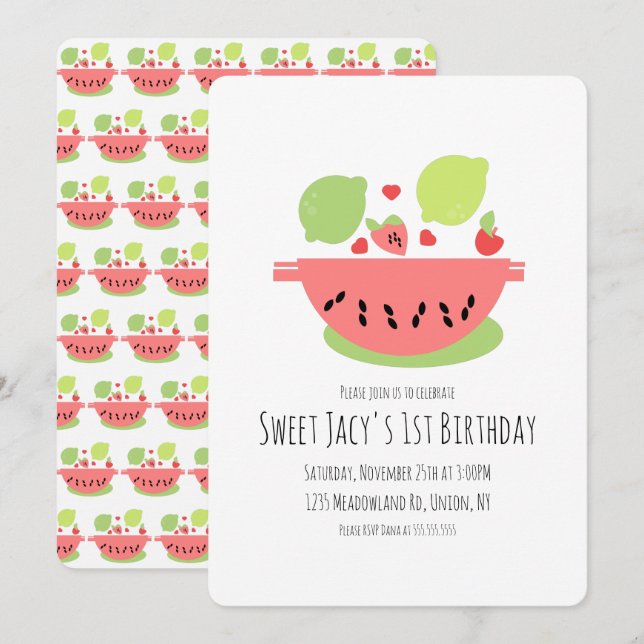 Invitación Ensalada De Frutas De Cumpleaños De Sandía Adorabl (Anverso / Reverso)