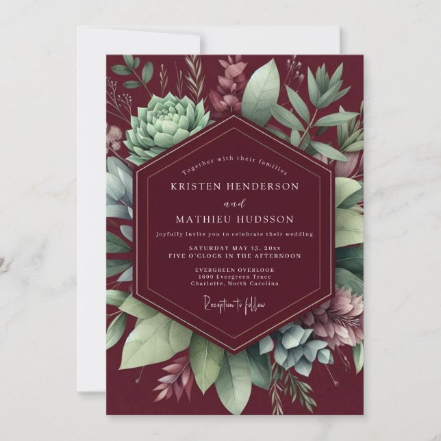 Invitación Ensamble Botánico de Boda Borgoña (Anverso)