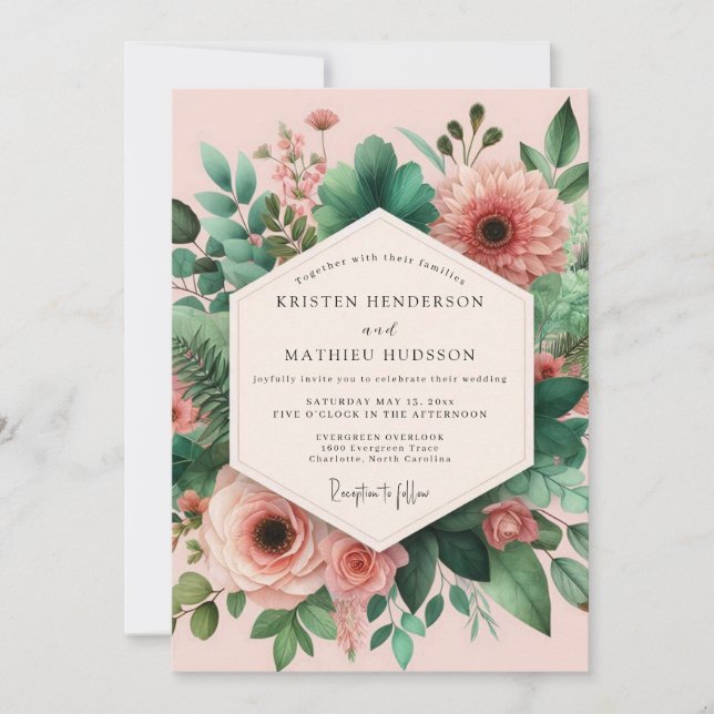 Invitación Ensamble Botánico Nupcial Rosa Verde (Anverso)