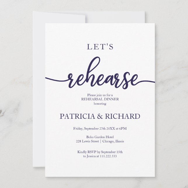 Invitación Ensayemos Cena de Ensayo Navy Blue (Anverso)