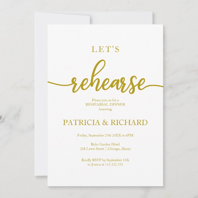 Invitación Ensayemos elegante cena de ensayo de oro (Anverso)