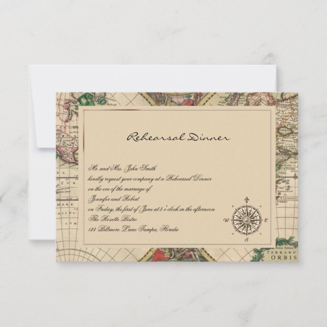 Invitación Ensayo antiguo de la boda del mapa de Viejo Mundo (Anverso)