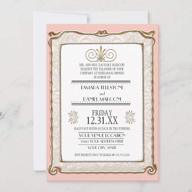 Invitación Ensayo Art Decó Nouveau elegante de encaje dorado (Anverso)