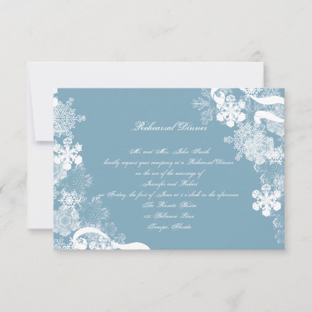 Invitación Ensayo blanco azul de la boda del copo de nieve (Anverso)