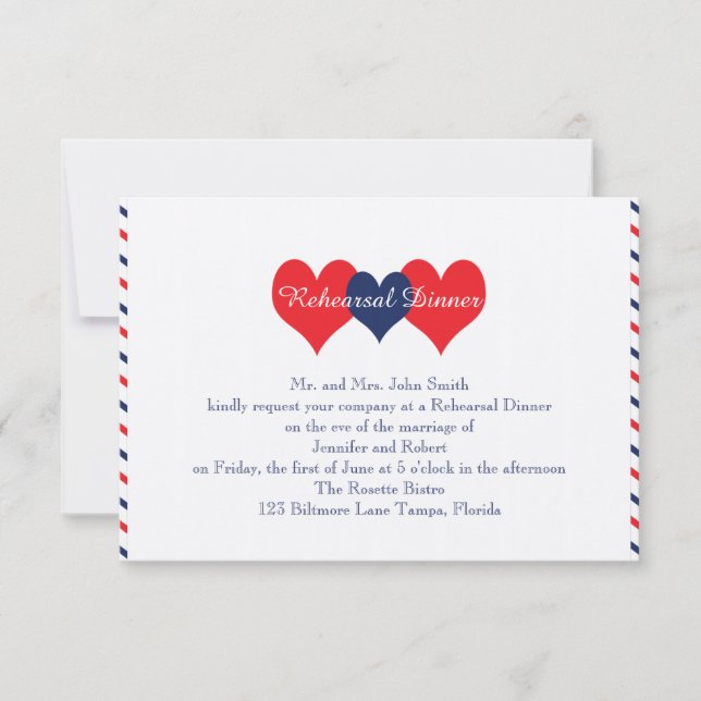 Invitación Ensayo Boda Americana Hearts (Anverso)