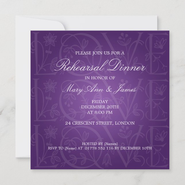 Invitación Ensayo Boda amor florece morado (Anverso)