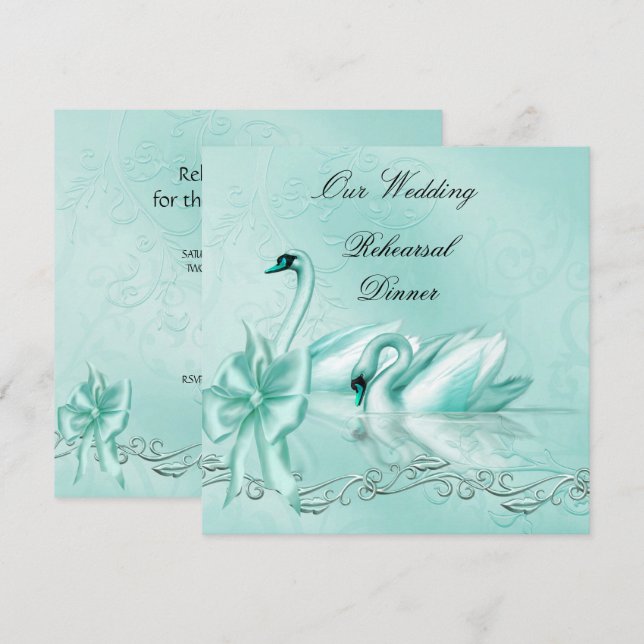 Invitación Ensayo Boda Cena Cena Verde azulado Cisnes de Aqua (Anverso / Reverso)