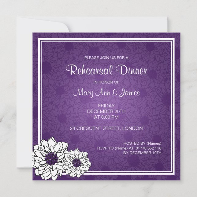Invitación Ensayo Boda Cena Dahlia Morado Floral (Anverso)