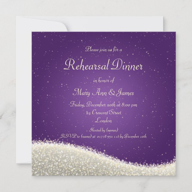 Invitación Ensayo Boda Cena Deslumbrante Sparkles Púrpura (Anverso)