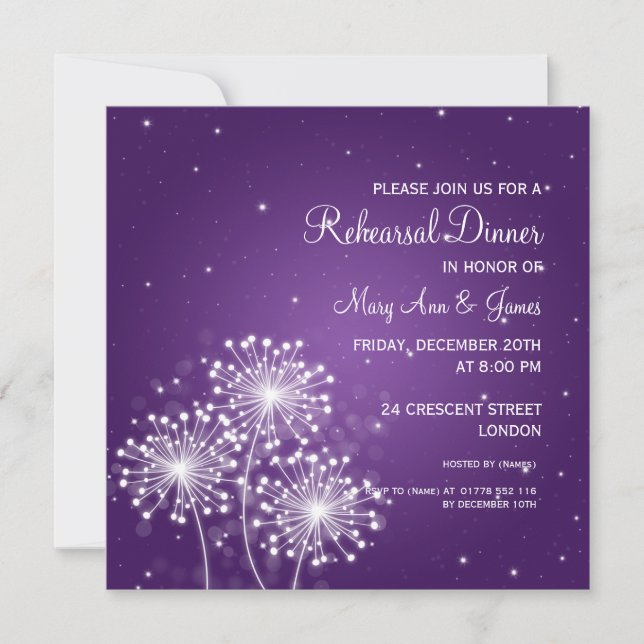 Invitación Ensayo Boda Cena Espuma de verano morado (Anverso)
