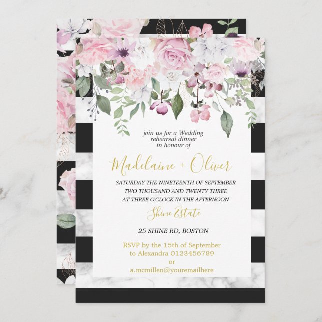 Invitación Ensayo boda Cena Mármol Floral Moda negra (Anverso / Reverso)