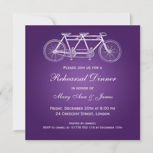 Invitación Ensayo Boda Cena Tandem Bike Purple (Anverso)
