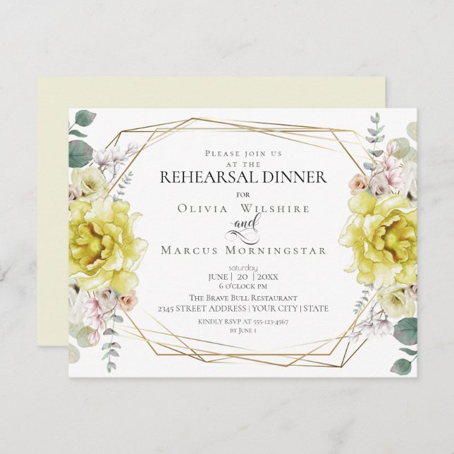 Invitación Ensayo boda | Colores de agua amarillos (Anverso / Reverso)