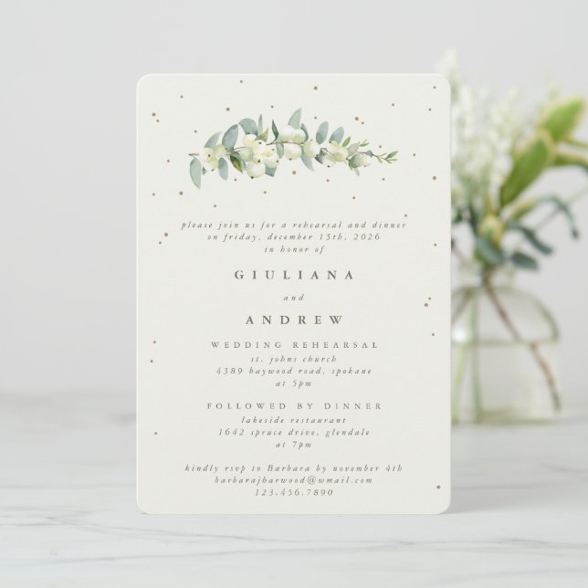 Invitación Ensayo Boda Cream Snowberry+Eucalyptus (Anverso de pie)