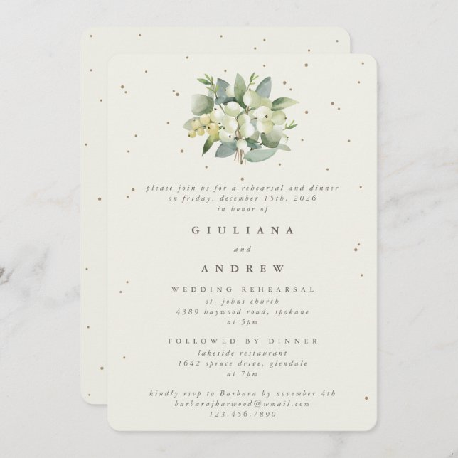 Invitación Ensayo Boda Cream Snowberry+Eucalyptus (Anverso / Reverso)