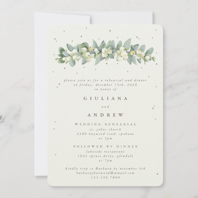 Invitación Ensayo Boda Cream Snowberry+Eucalyptus (Anverso)
