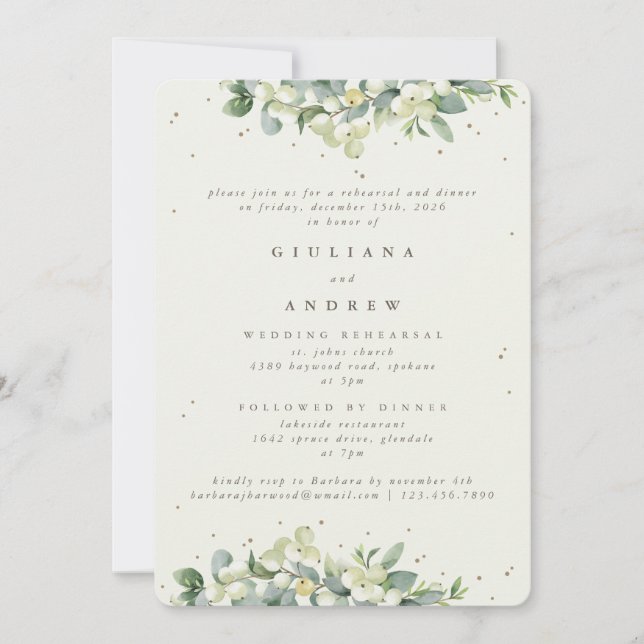 Invitación Ensayo Boda Cream Snowberry+Eucalyptus (Anverso)