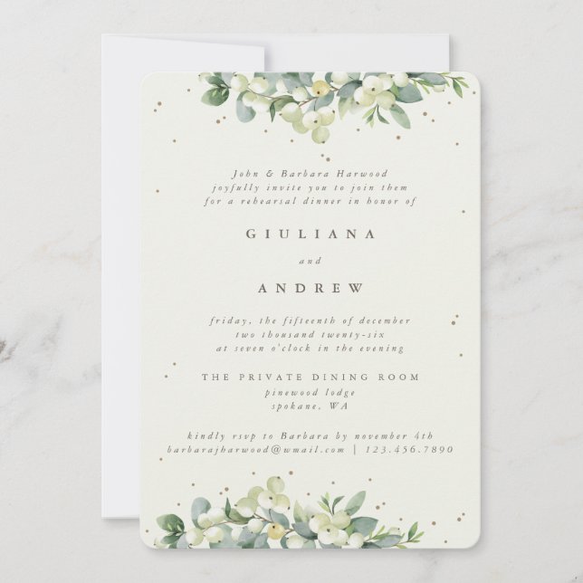 Invitación Ensayo Boda Cream Snowberry+Eucalyptus (Anverso)