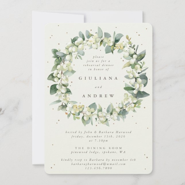 Invitación Ensayo Boda Cream Snowberry+Eucalyptus (Anverso)