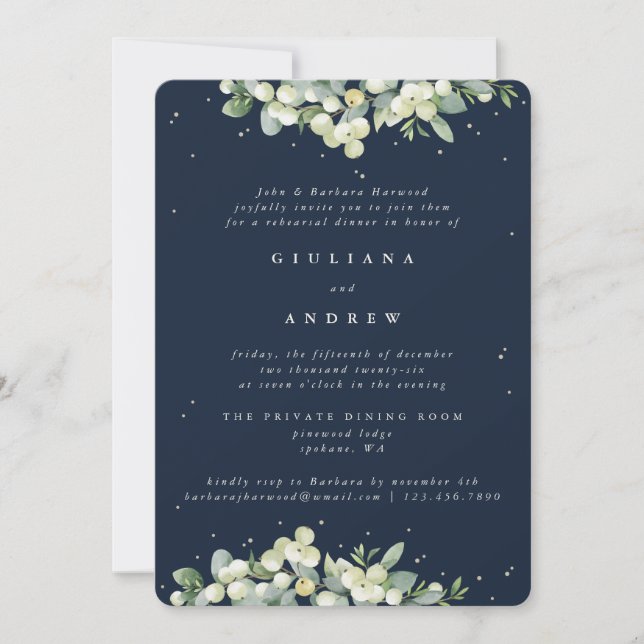 Invitación Ensayo Boda de la Marina Oscura Snowberry+Eucalypt (Anverso)
