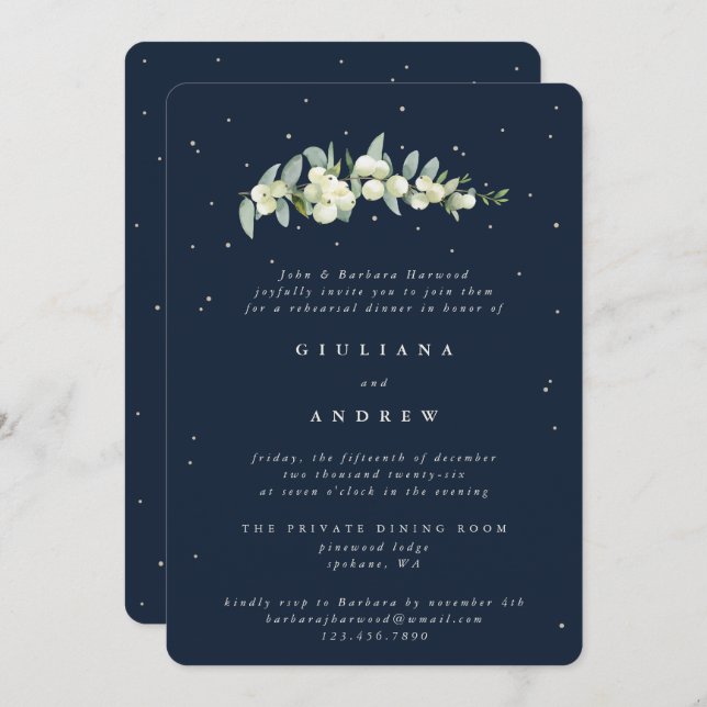 Invitación Ensayo Boda de la Marina Oscura Snowberry+Eucalypt (Anverso / Reverso)