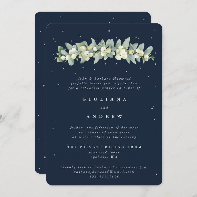 Invitación Ensayo Boda de la Marina Oscura Snowberry+Eucalypt (Anverso / Reverso)