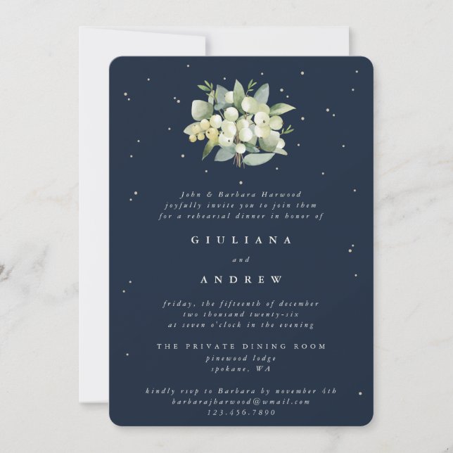 Invitación Ensayo Boda de la Marina Oscura Snowberry+Eucalypt (Anverso)