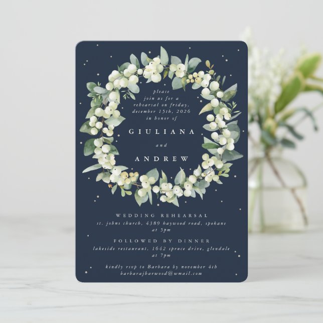 Invitación Ensayo Boda de la Marina Oscura Snowberry+Eucalypt (Anverso de pie)