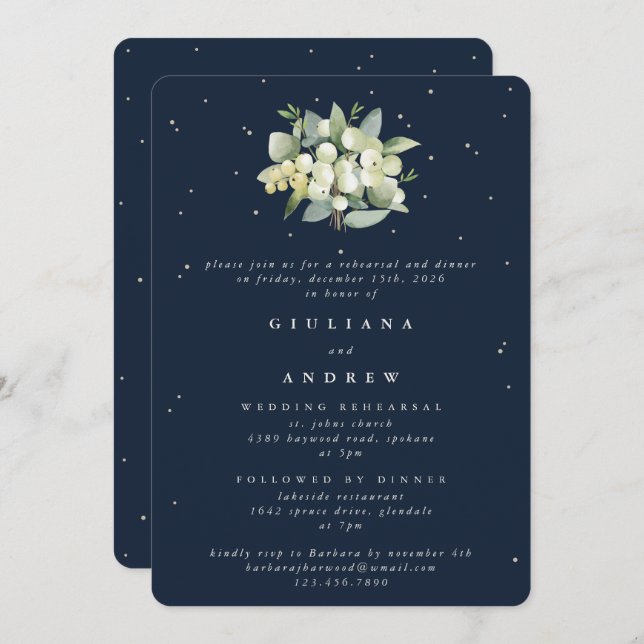 Invitación Ensayo Boda de la Marina Oscura Snowberry+Eucalypt (Anverso / Reverso)