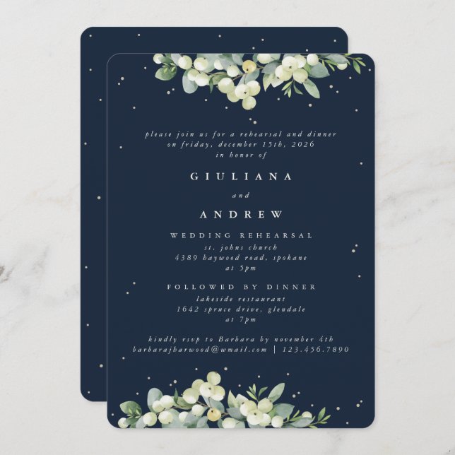 Invitación Ensayo Boda de la Marina Oscura Snowberry+Eucalypt (Anverso / Reverso)