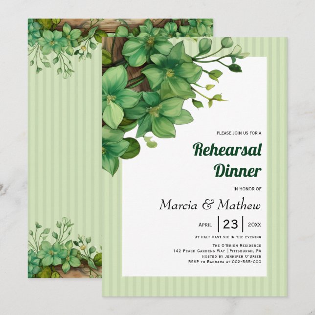 Invitación Ensayo boda de madera verde y rayas (Anverso / Reverso)