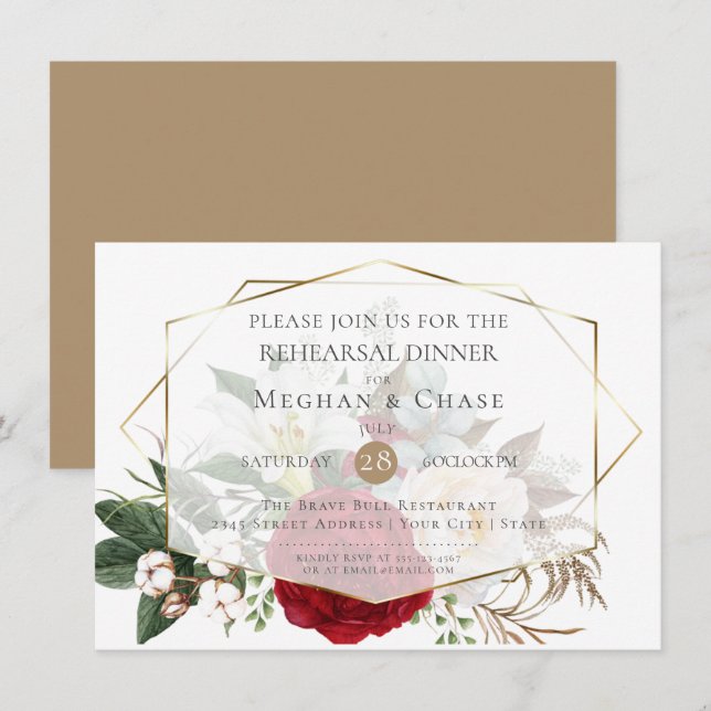 Invitación Ensayo boda | Espray floral borgoñona (Anverso / Reverso)