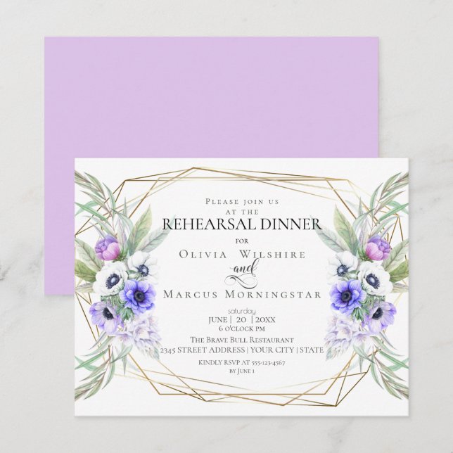 Invitación Ensayo boda | Floral violeta anémona (Anverso / Reverso)