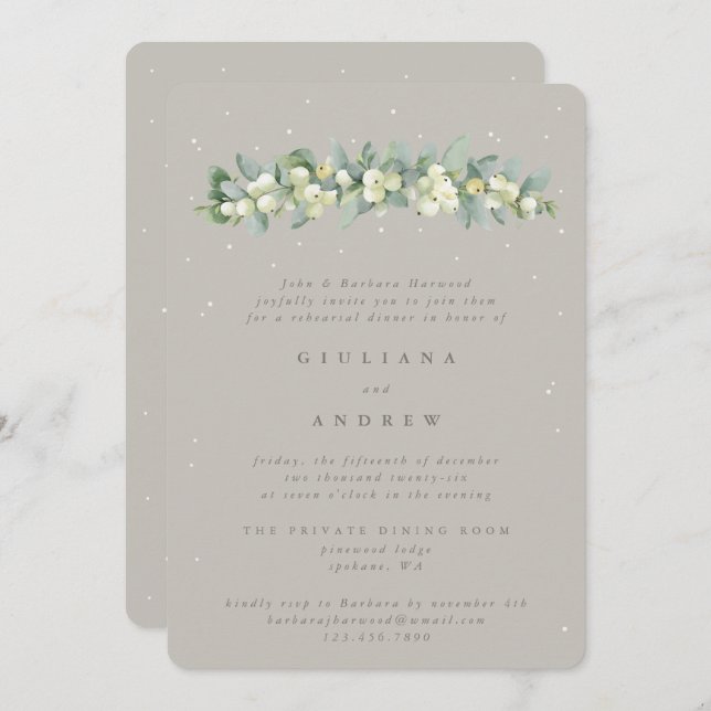 Invitación Ensayo Boda Greige Snowberry+Eucalyptus (Anverso / Reverso)