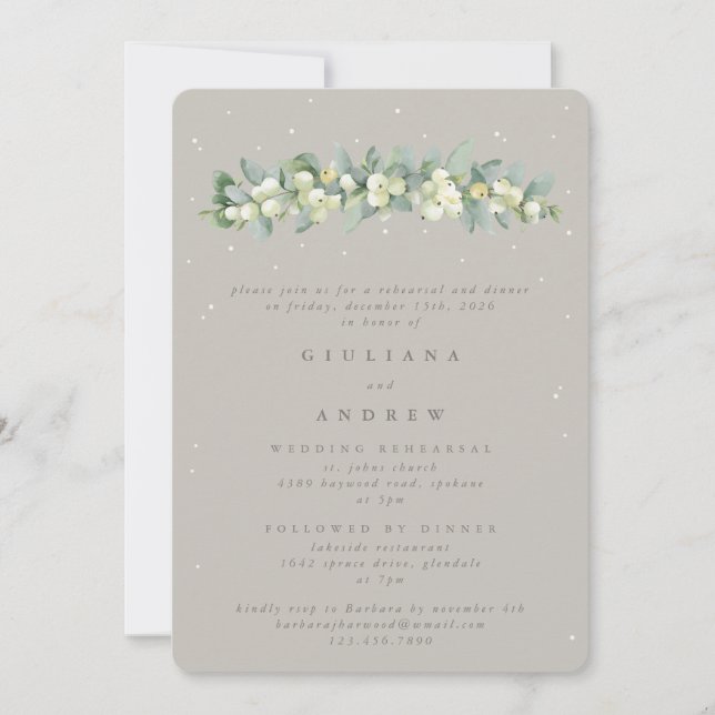 Invitación Ensayo Boda Greige Snowberry+Eucalyptus (Anverso)
