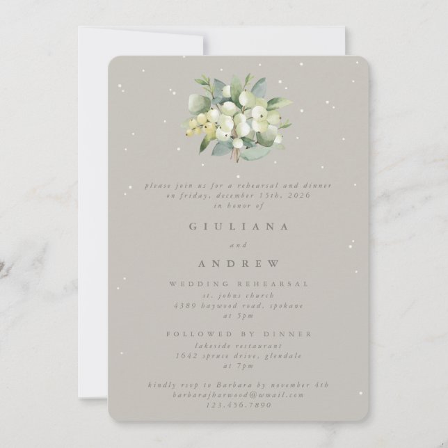 Invitación Ensayo Boda Greige Snowberry+Eucalyptus (Anverso)
