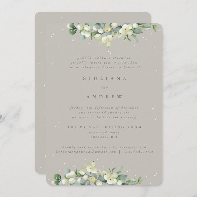 Invitación Ensayo Boda Greige Snowberry+Eucalyptus (Anverso / Reverso)