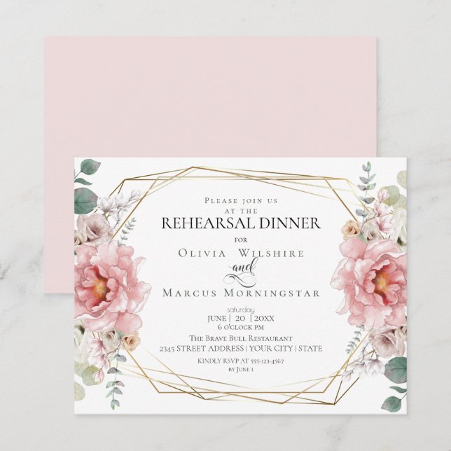 Invitación Ensayo boda | Peonias de acuarela rosa (Anverso / Reverso)