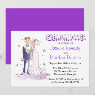 Invitación Ensayo Boda púrpura cena novia y novio