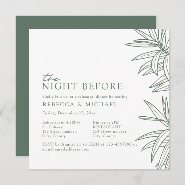 Invitación Ensayo Botánico Simple Forest Green Cena (Anverso / Reverso)