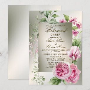 Invitación Ensayo Cena Acuarela Floral Rosa Bronce