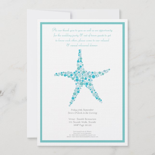 Invitación Ensayo Cena Boda Aqua Turquoise Starfish (Anverso)