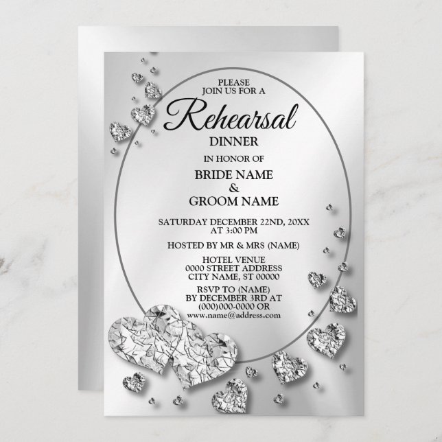 Invitación Ensayo Cena Boda Fiesta Plata Corazones Brillantes (Anverso / Reverso)