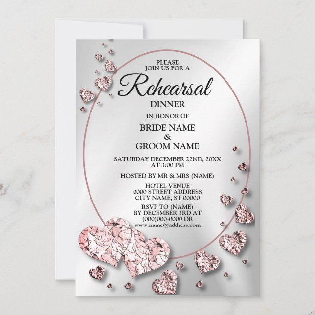 Invitación Ensayo Cena Boda Partido Corazones de Peach Rosa (Anverso)