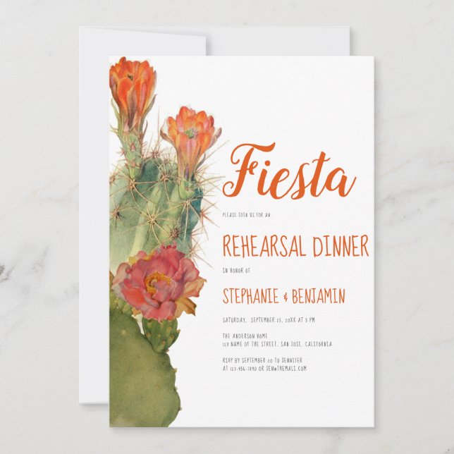Invitación Ensayo Cena Fiesta Cactus Acuarela Floral (Anverso)