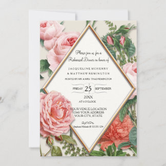 Invitación Ensayo Cena Floral Vintage Diamante Rosa Oro