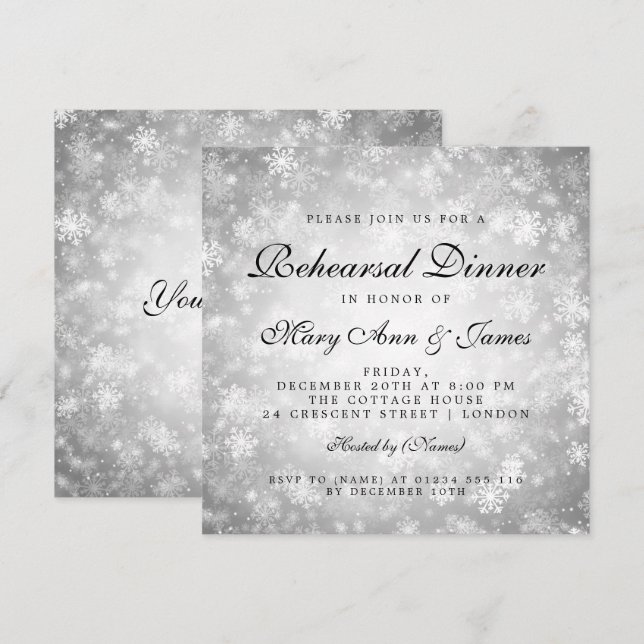 Invitación Ensayo Cena Plata Invierno Wonderland (Anverso / Reverso)
