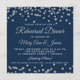 Invitación Ensayo Cena Plata Purpurina Confetti Azul